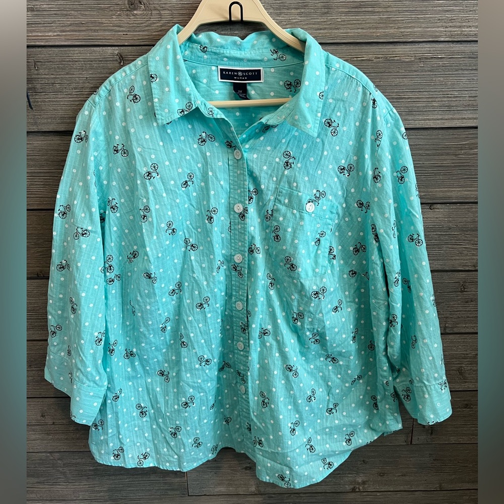 Karen Scott Turquoise Polka Dot & Bicycle Button-Front Shirt